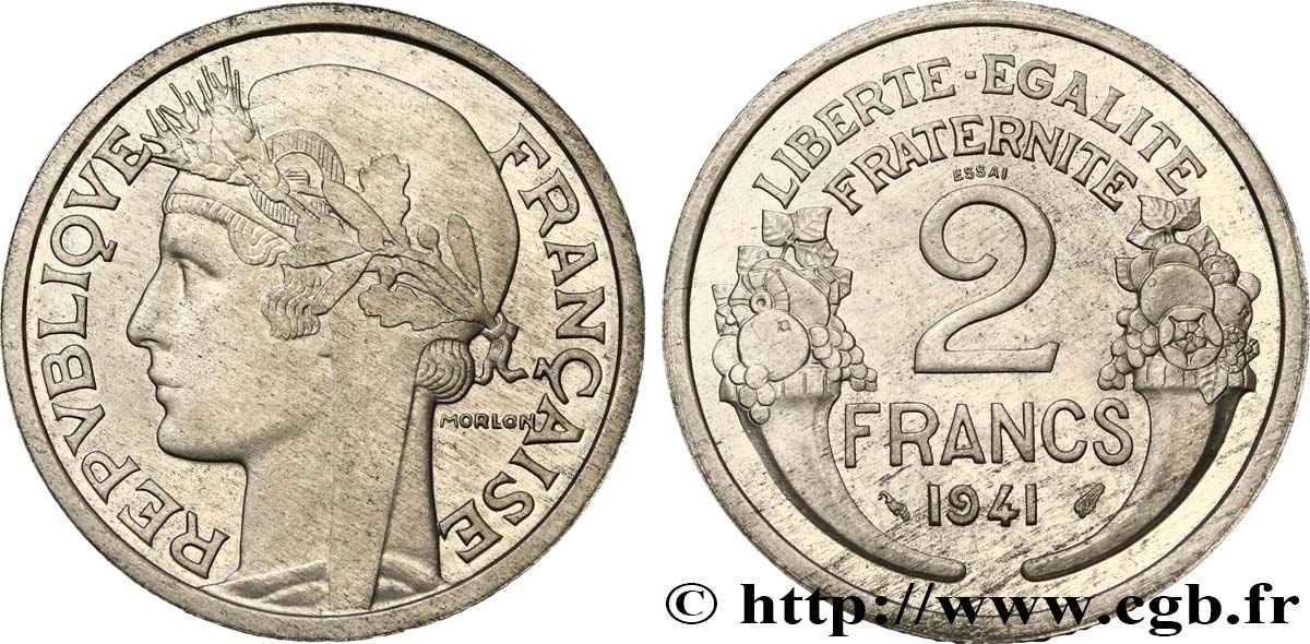 Essai de 2 francs Morlon, aluminium, poids très lourd 1941 Paris GEM.114 5 var. MS64 