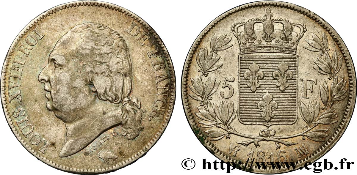 5 francs Louis XVIII tête nue 1816 Marseille F.309/10 BC35 