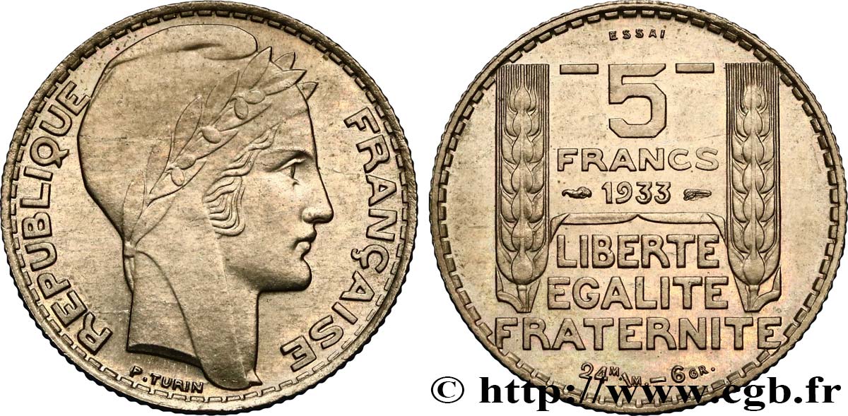 Concours de 5 francs, essai de Turin en cupro-nickel 1933 Paris GEM.140 12 MS63 