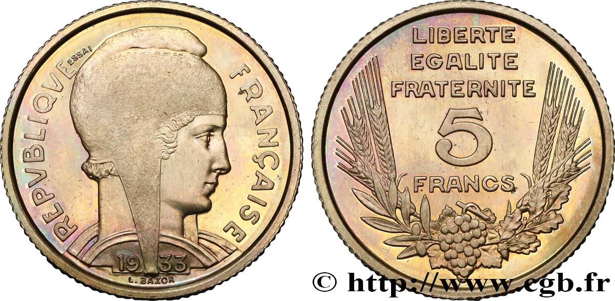 Concours de 5 francs, essai de Bazor en cupro-nickel non magnétique, poids standard 1933 Paris GEM.134 10 MS65 