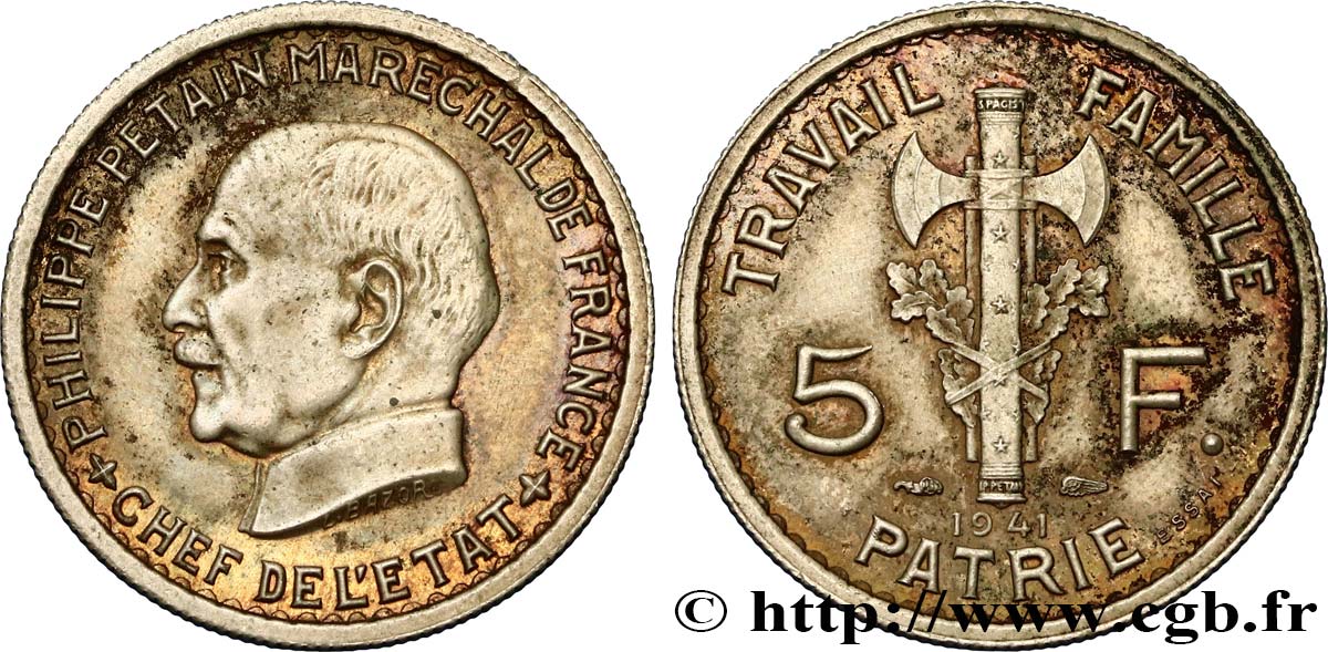 Essai de 5 francs Pétain en cupro-nickel, 2e projet de Bazor 1941 Paris GEM.142 38 MS63 