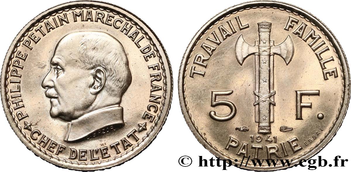 Essai de 5 francs Pétain en fer plaqué nickel, 3e projet de Bazor (type adopté) 1941 Paris GEM.142 60 MS64 