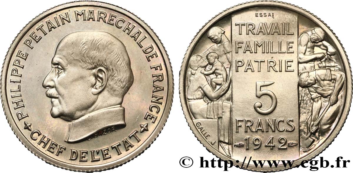 Essai grand module de 5 francs Pétain en bronze-nickel par Bazor et Galle 1942 Paris GEM.143 2 fST63 
