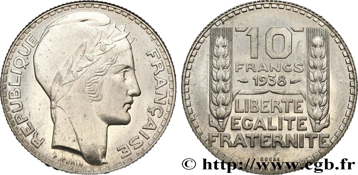 Préparation de la 10 francs Pétain, type Turin, essai en aluminium, tranche striée, lourd 1938 Paris GEM.173 4 MS63 