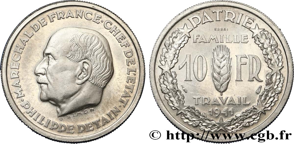 Essai de 10 francs Pétain en aluminium par Simon, poids lourd (3 g) 1941 Paris GEM.177 3 SPL64 