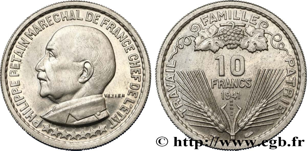 Essai de 10 francs Pétain en aluminium par Vézien, poids léger (2 g) 1941 Paris GEM.178 1 var. VZ62 