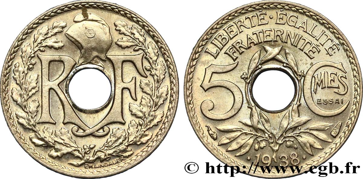 Essai de 5 centimes Lindauer maillechort, ESSAI en relief 1938 Paris F.123A/1 MS66 