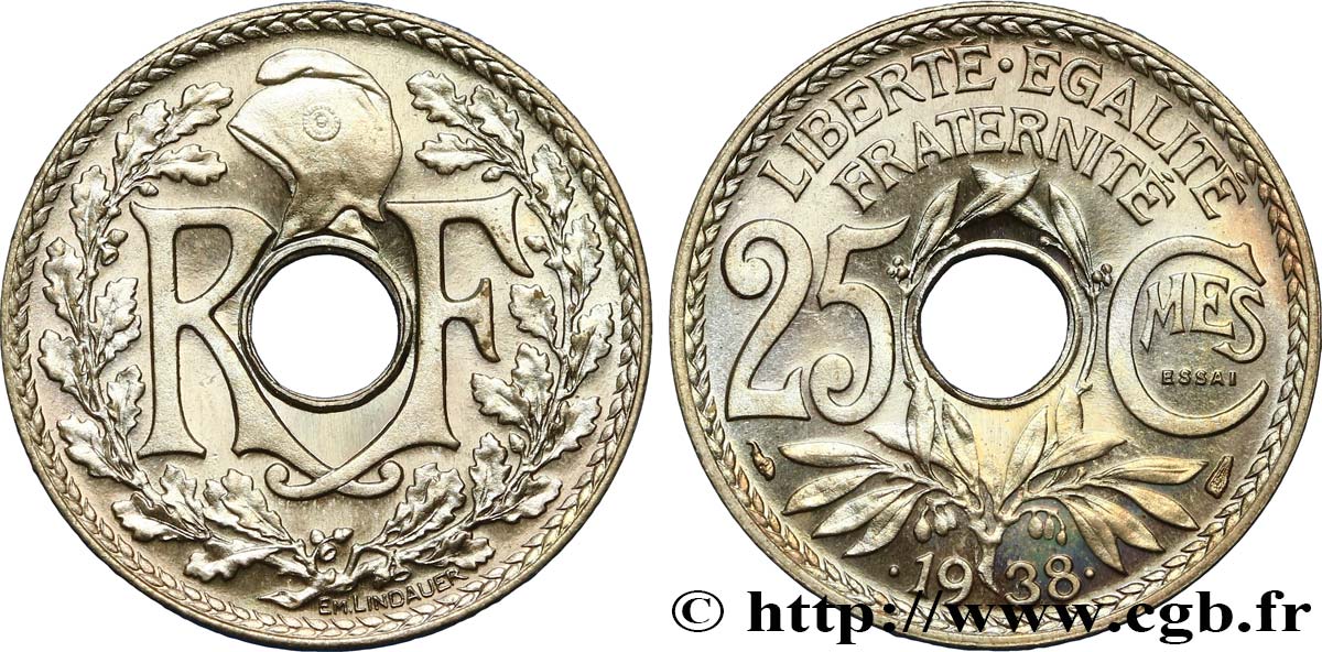 Essai de 25 centimes Lindauer, maillechort 1938 Paris F.172/1 FDC66 