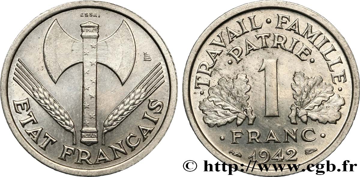 Essai de 1 franc Francisque, lourde 1942 Paris F.222/1 SPL64 