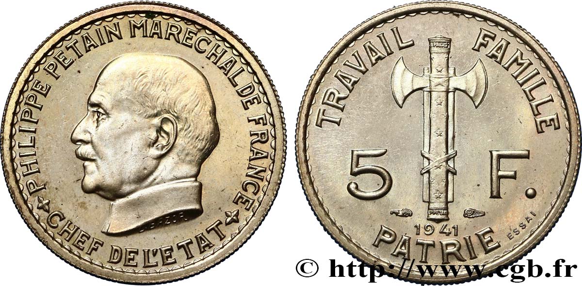 Essai de 5 francs Pétain 1941 Paris F.338/1 MS64 