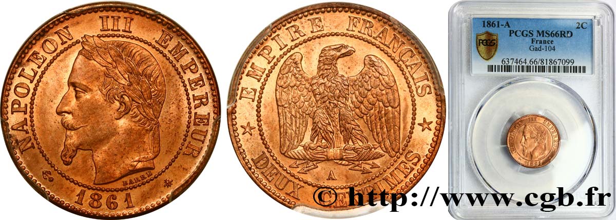Deux centimes Napoléon III, tête laurée, buste définitif 1861 Paris F.108A/1 MS66 PCGS