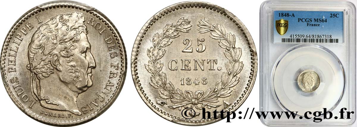 25 centimes Louis-Philippe 1848 Paris F.167/12 MS64 PCGS