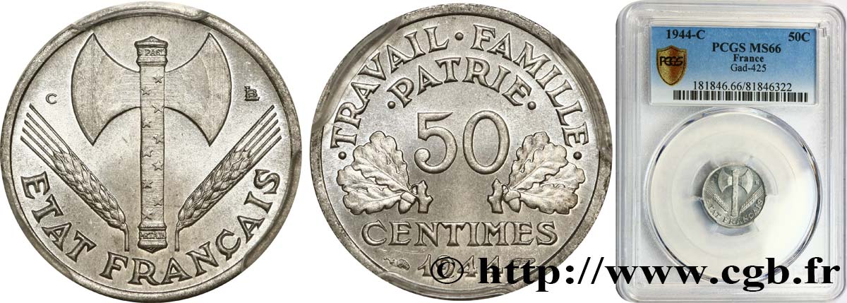 50 centimes Francisque, légère 1944 Castelsarrasin F.196/6 FDC66 PCGS