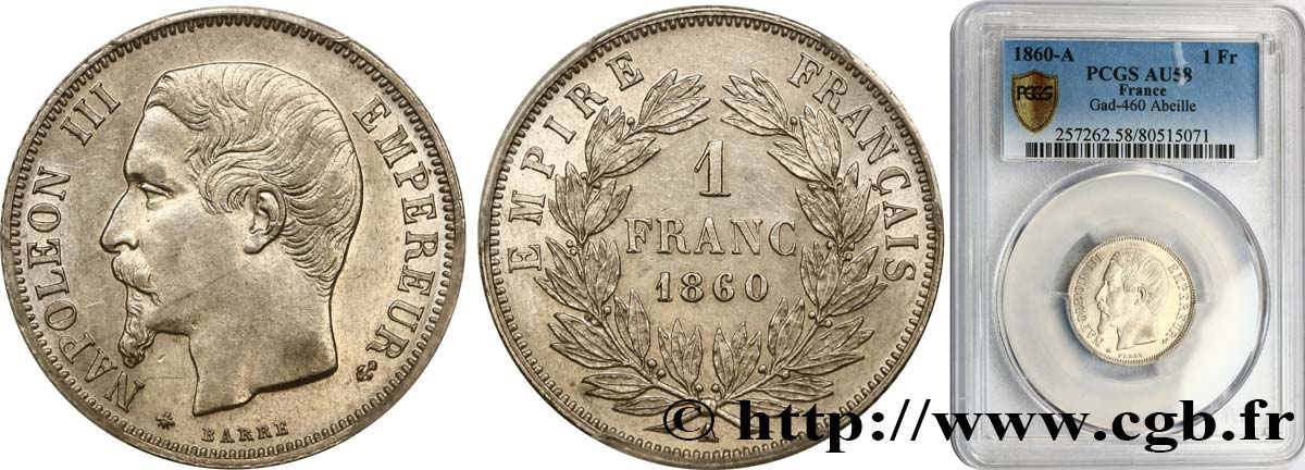 1 franc Napoléon III, tête nue 1860 Paris F.214/15 AU58 PCGS