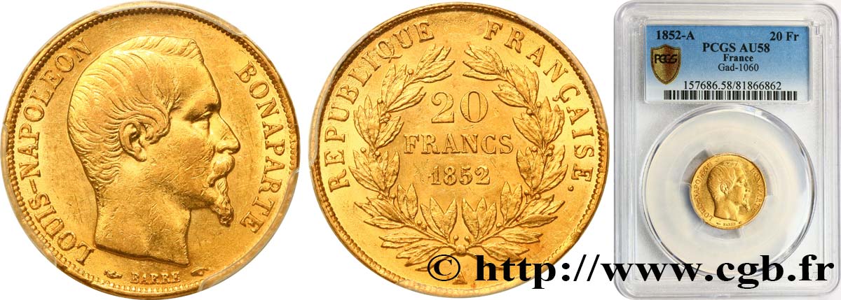 20 francs or Louis-Napoléon 1852 Paris F.530/1 AU58 PCGS