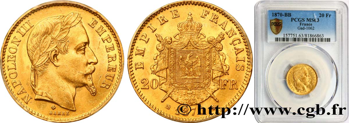 20 francs or Napoléon III, tête laurée 1870 Strasbourg F.532/24 SPL63 PCGS