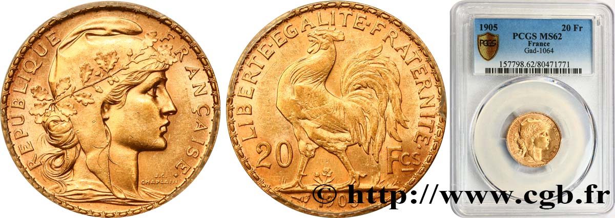 20 francs or Coq, Dieu protège la France 1905 Paris F.534/10 SUP62 PCGS