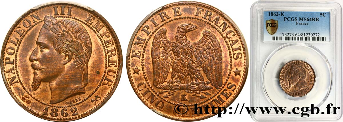 Cinq centimes Napoléon III, tête laurée 1862 Bordeaux F.117/9 SC64 PCGS