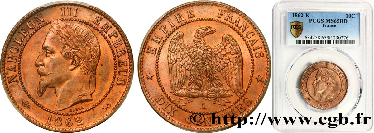 Dix centimes Napoléon III, tête laurée 1862 Bordeaux F.134/9 MS65 PCGS