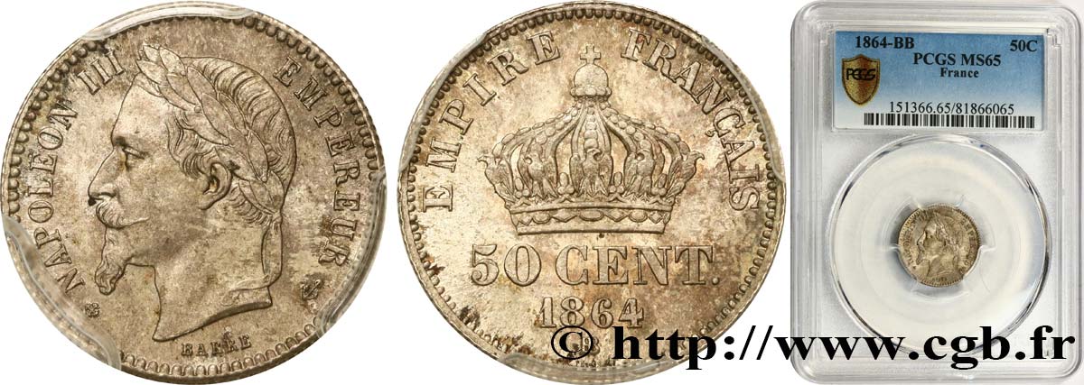 50 centimes Napoléon III, tête laurée 1864 Strasbourg F.188/3 MS65 PCGS