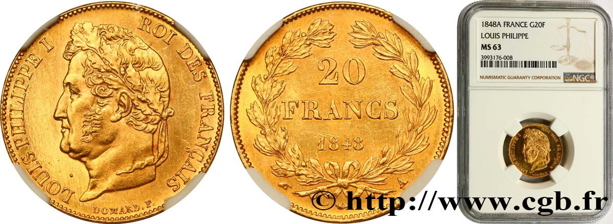 20 francs or Louis-Philippe, Domard 1848 Paris F.527/38 SC63 NGC