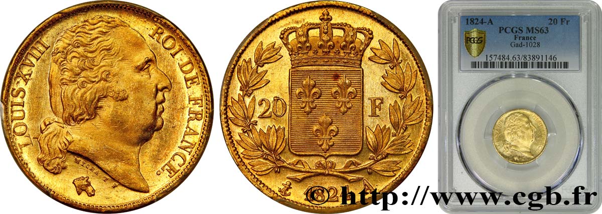 20 francs or Louis XVIII, tête nue 1824 Paris F.519/31 fST63 PCGS