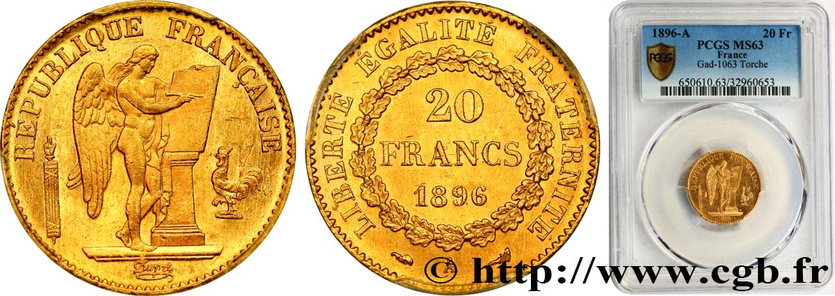 20 francs or Génie, Troisième République, différent torche 1896 Paris F.533/21 fST63 PCGS