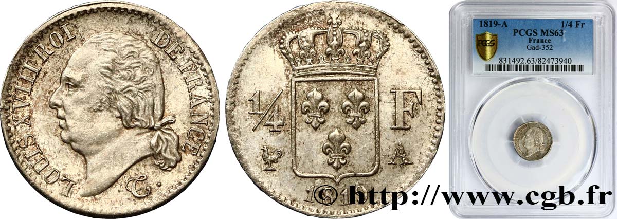 1/4 franc Louis XVIII 1819 Paris F.163/15 fST63 PCGS