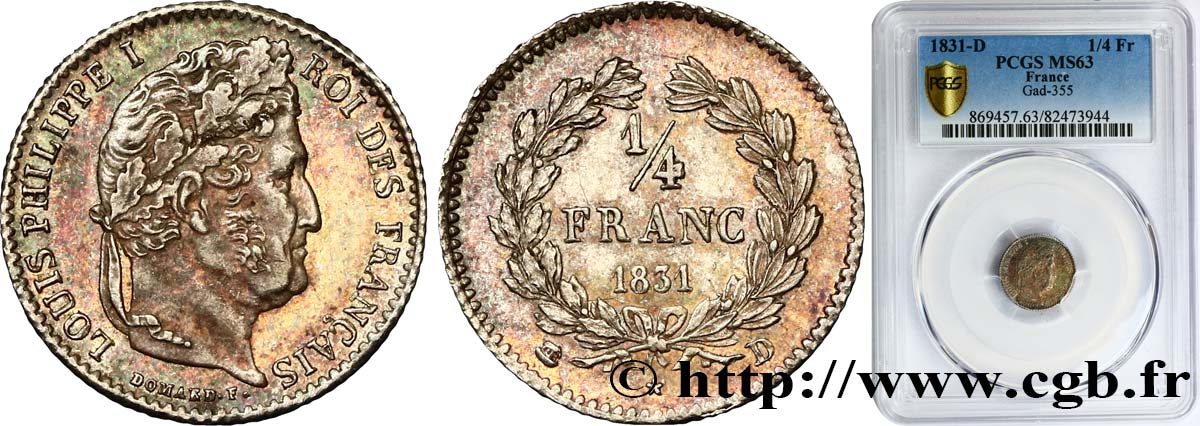 1/4 franc Louis-Philippe 1831 Lyon F.166/4 SC63 PCGS