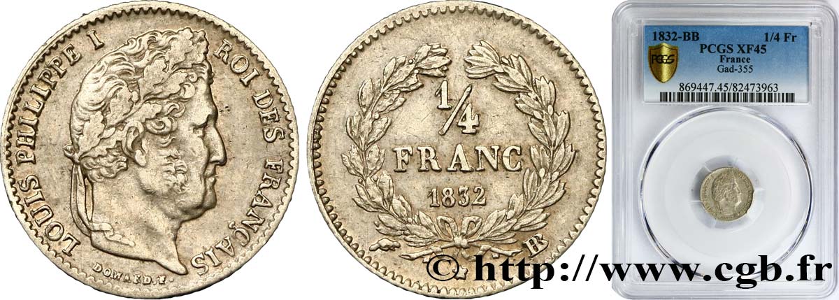 1/4 franc Louis-Philippe 1832 Strasbourg F.166/17 XF45 PCGS