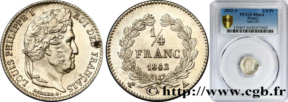 1/4 franc Louis-Philippe 1842 Paris F.166/89 fST64 PCGS