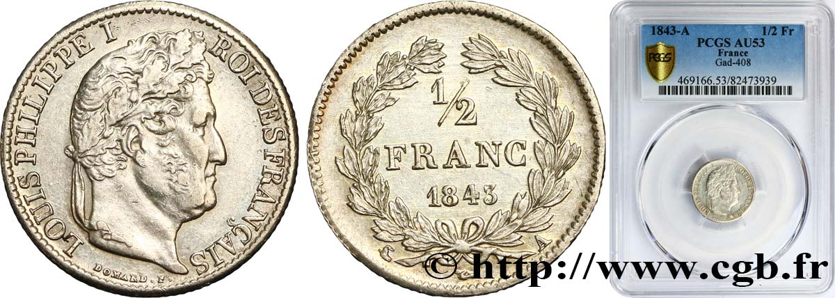 1/2 franc Louis-Philippe 1843 Paris F.182/99 AU53 PCGS