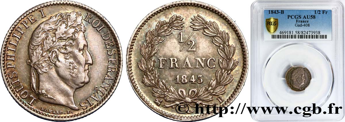1/2 franc Louis-Philippe 1843 Rouen F.182/100 SUP58 PCGS