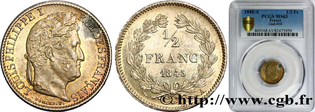 1/2 franc Louis-Philippe 1845 Paris F.182/108 fST63 PCGS