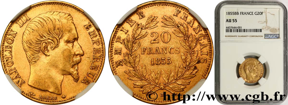 20 francs or Napoléon III, tête nue 1855 Strasbourg F.531/5 AU55 NGC