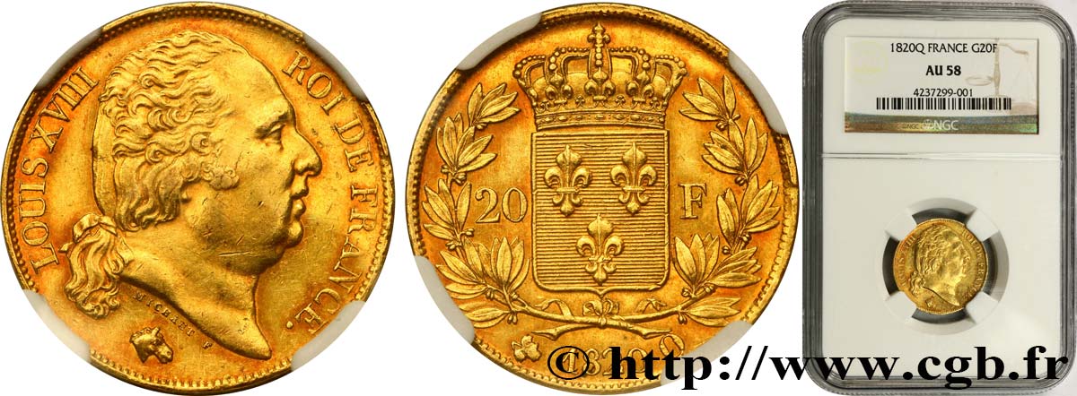 20 francs or Louis XVIII, tête nue 1820 Perpignan F.519/21 AU58 NGC