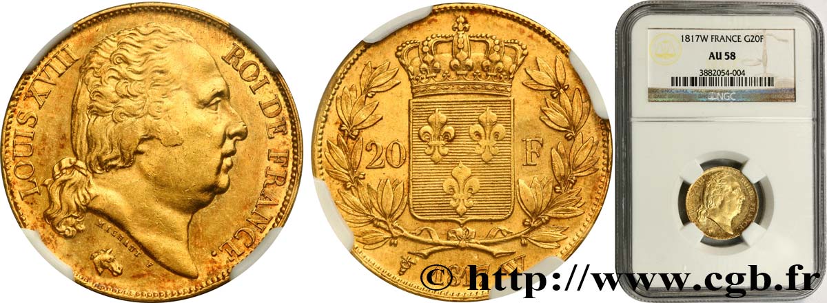 20 francs or Louis XVIII, tête nue 1817 Lille F.519/9 AU58 NGC