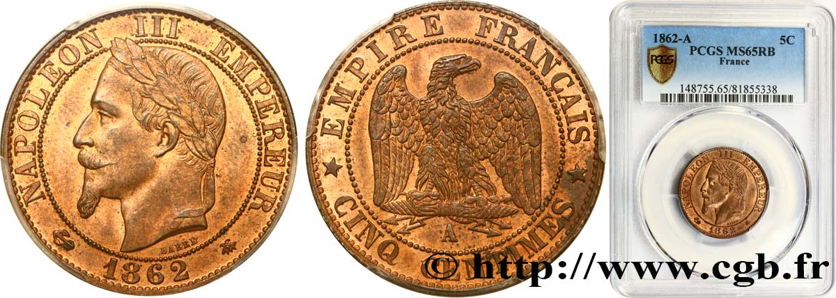 Cinq centimes Napoléon III, tête laurée 1862 Paris F.117/7 FDC65 PCGS
