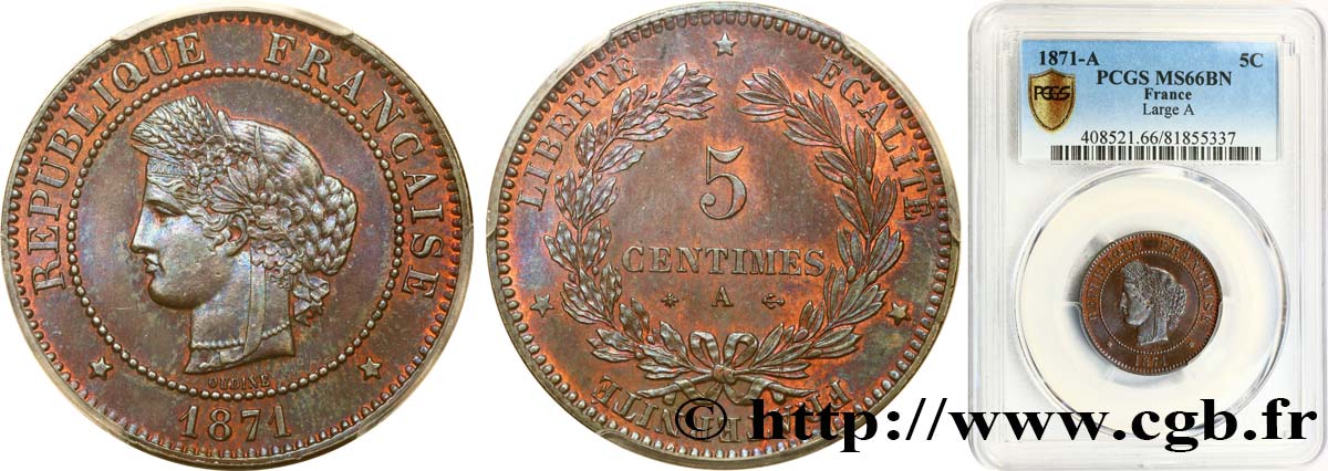 5 centimes Cérès 1871  Paris F.118/2 MS66 PCGS