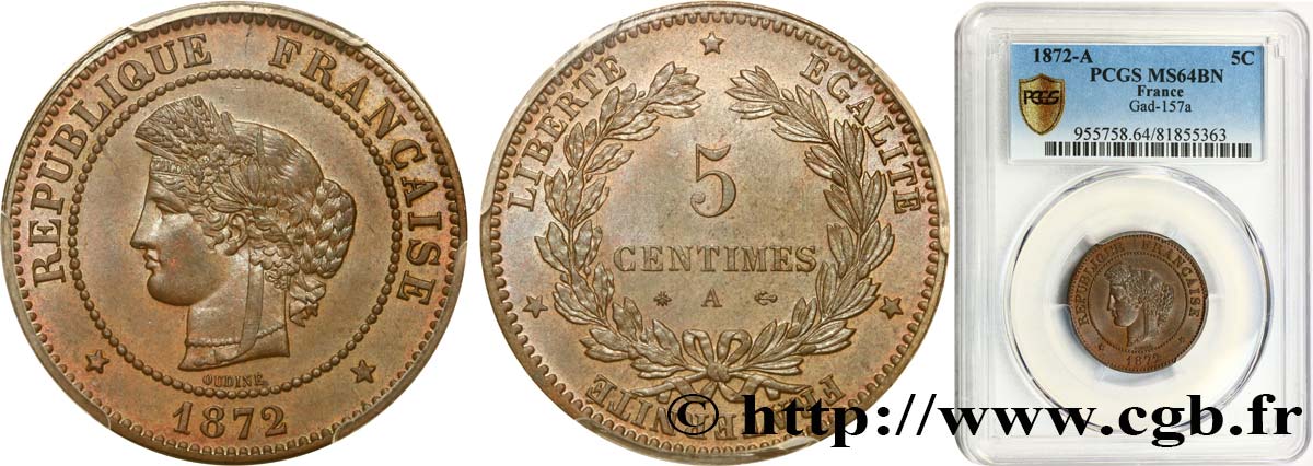 5 centimes Cérès 1872 Paris F.118/4 SPL64 PCGS