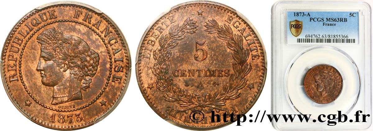 5 centimes Cérès 1873 Paris F.118/7 fST63 PCGS