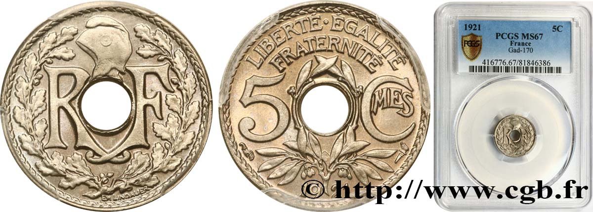5 centimes Lindauer, petit module 1921 Paris F.122/3 MS67 PCGS
