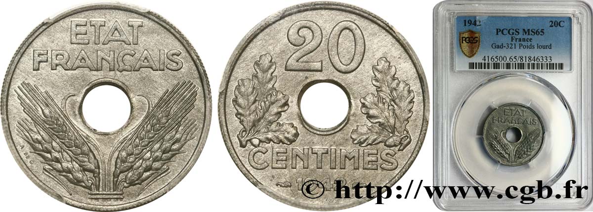 20 centimes État français, lourde 1942  F.153/4 MS65 PCGS