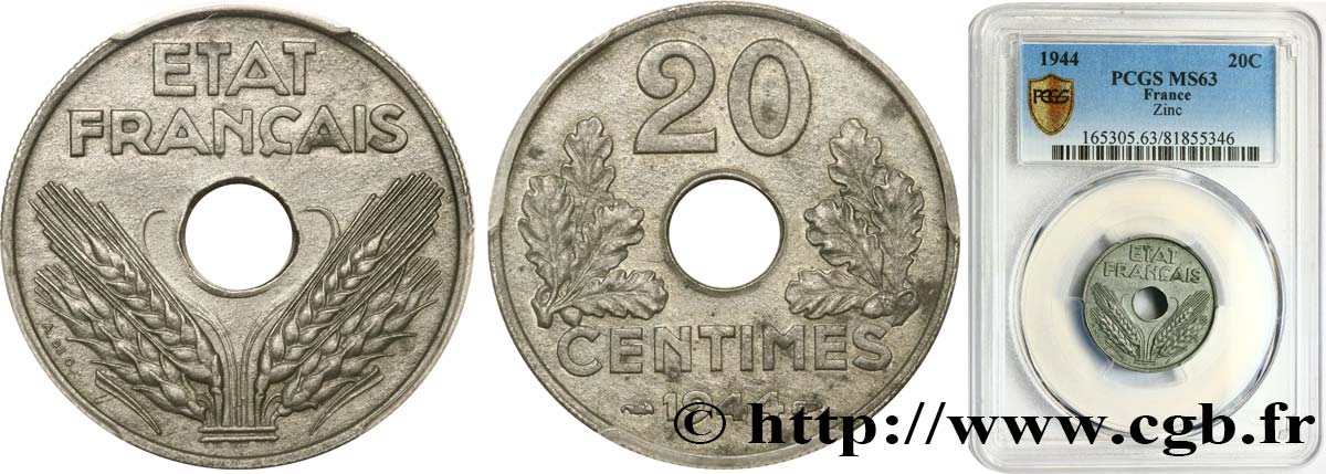 20 centimes État français, légère 1944  F.153A/2 SC63 PCGS