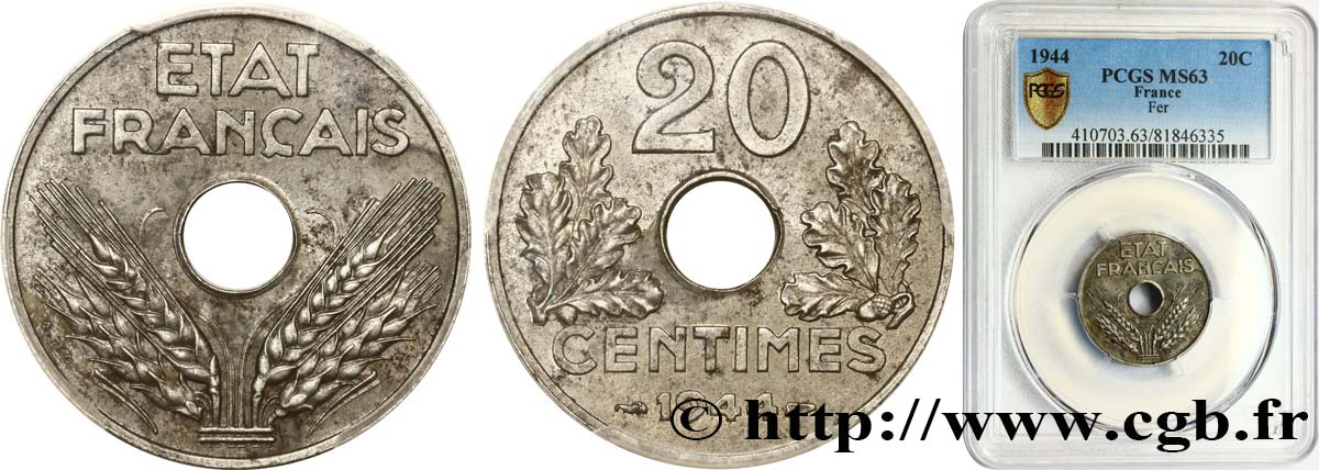 20 centimes fer 1944  F.154/3 SC63 PCGS