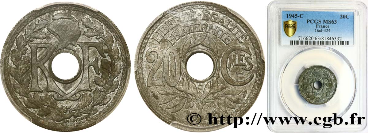 20 centimes Lindauer Zinc 1945 Castelsarrasin F.155/4 SPL63 PCGS