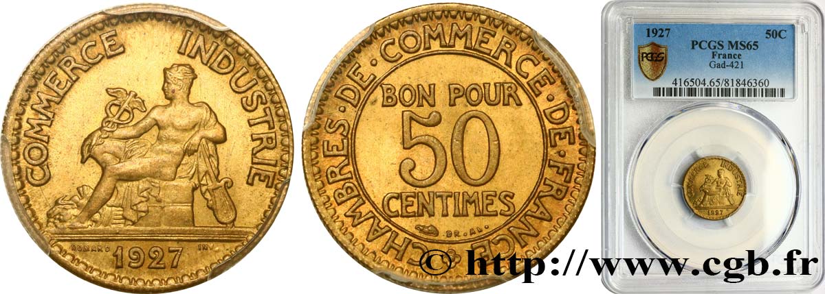 50 centimes Chambres de Commerce 1927 Paris F.191/9 FDC65 PCGS