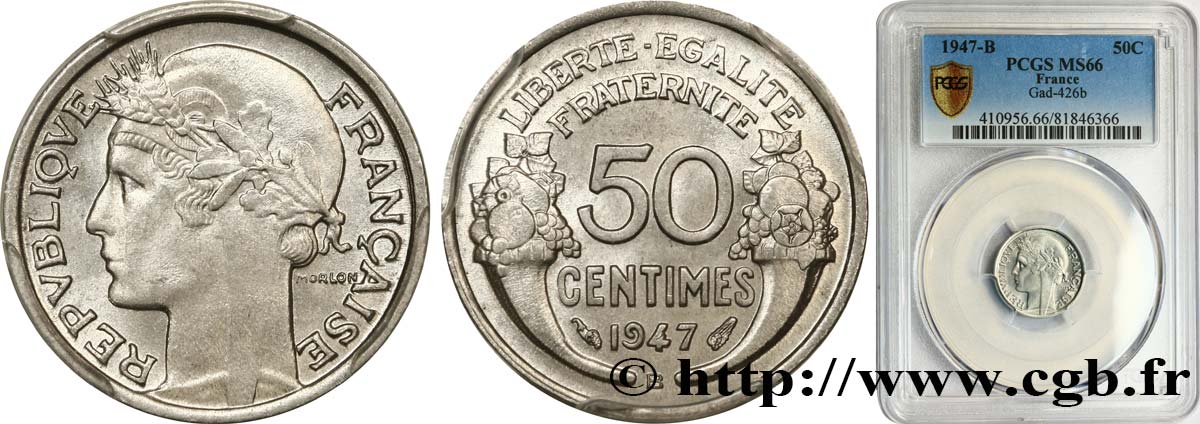 50 centimes Morlon, légère 1947 Beaumont-le-Roger F.194/11 MS66 PCGS