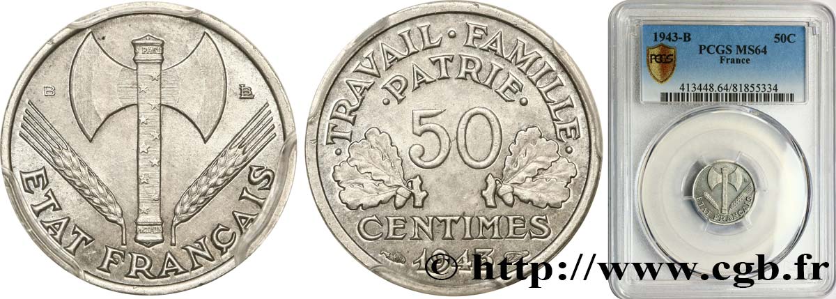 50 centimes Francisque, légère 1943 Beaumont-Le-Roger F.196/3 SC64 PCGS