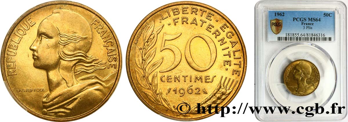 50 centimes Marianne, col à trois plis 1962 Paris F.197/2 MS64 PCGS
